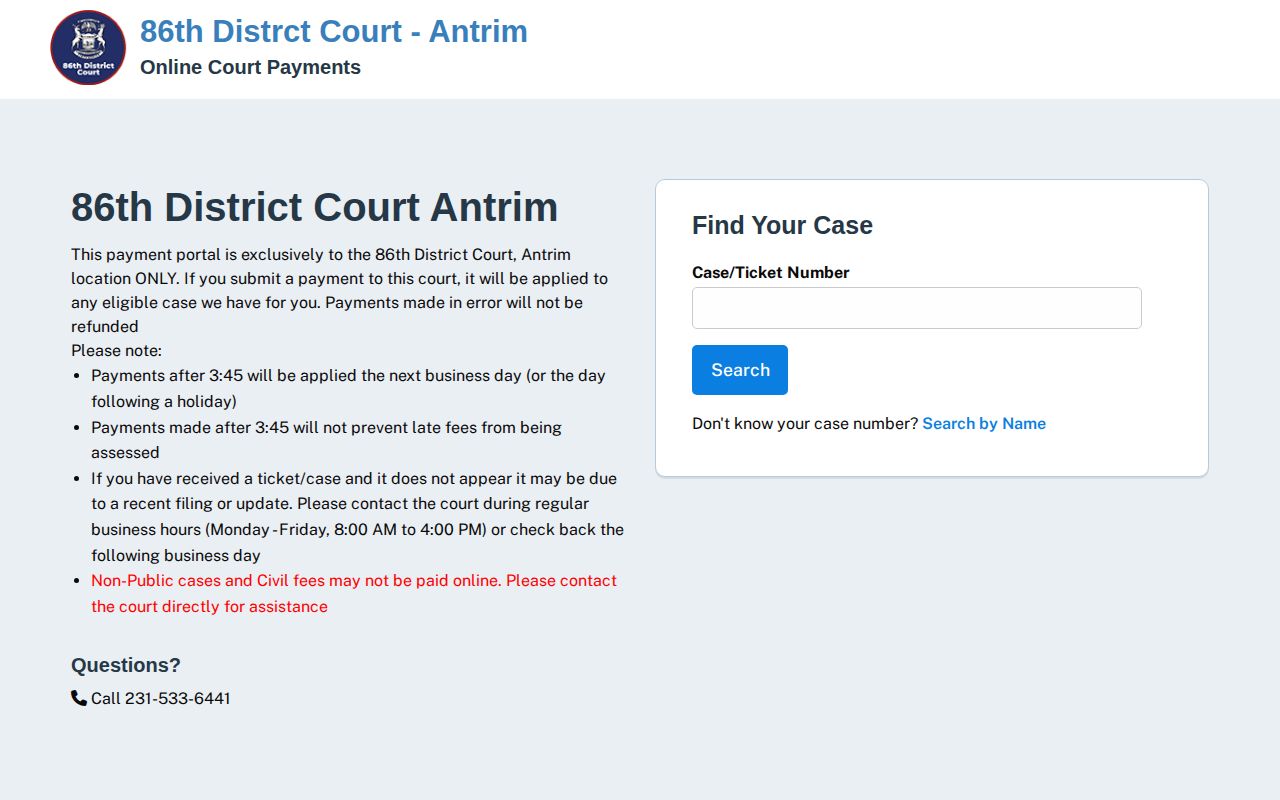 Official 86th District Court Antrim case search portal