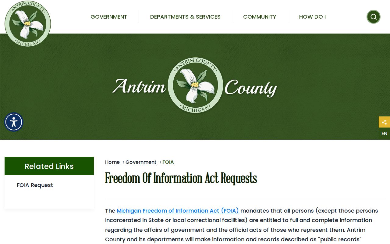 Official Antrim County FOIA webpage with request delivery and fee instructions