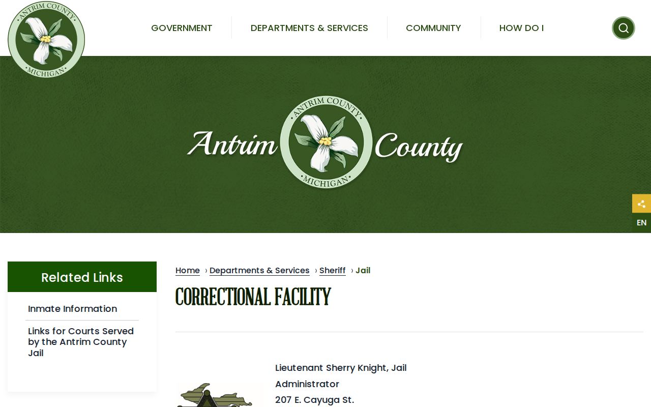 Official Antrim County Correctional Facility webpage showing jail information