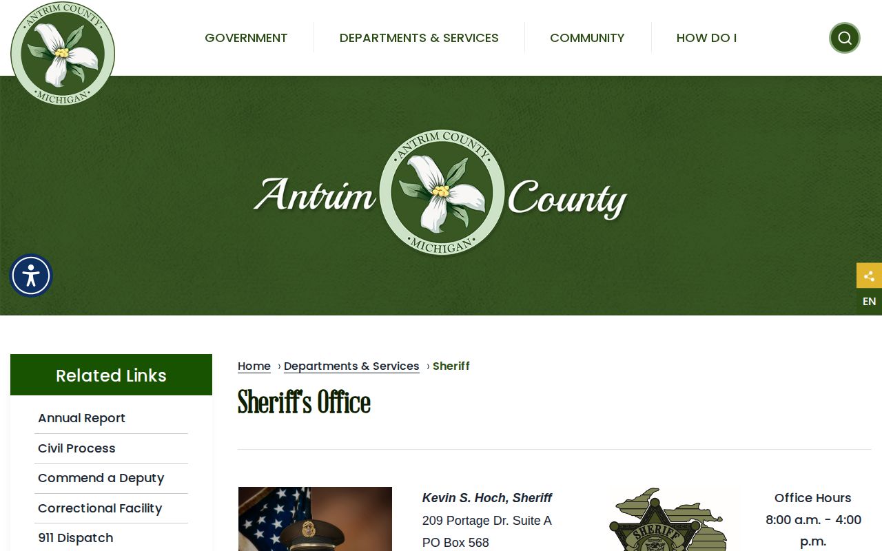 Antrim County Sheriff contact page with official service information