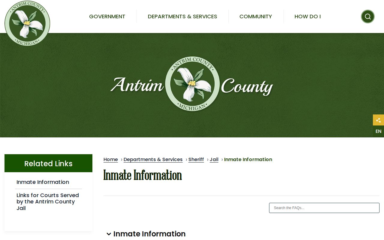 Antrim County inmate information page with VINE and inmate service links